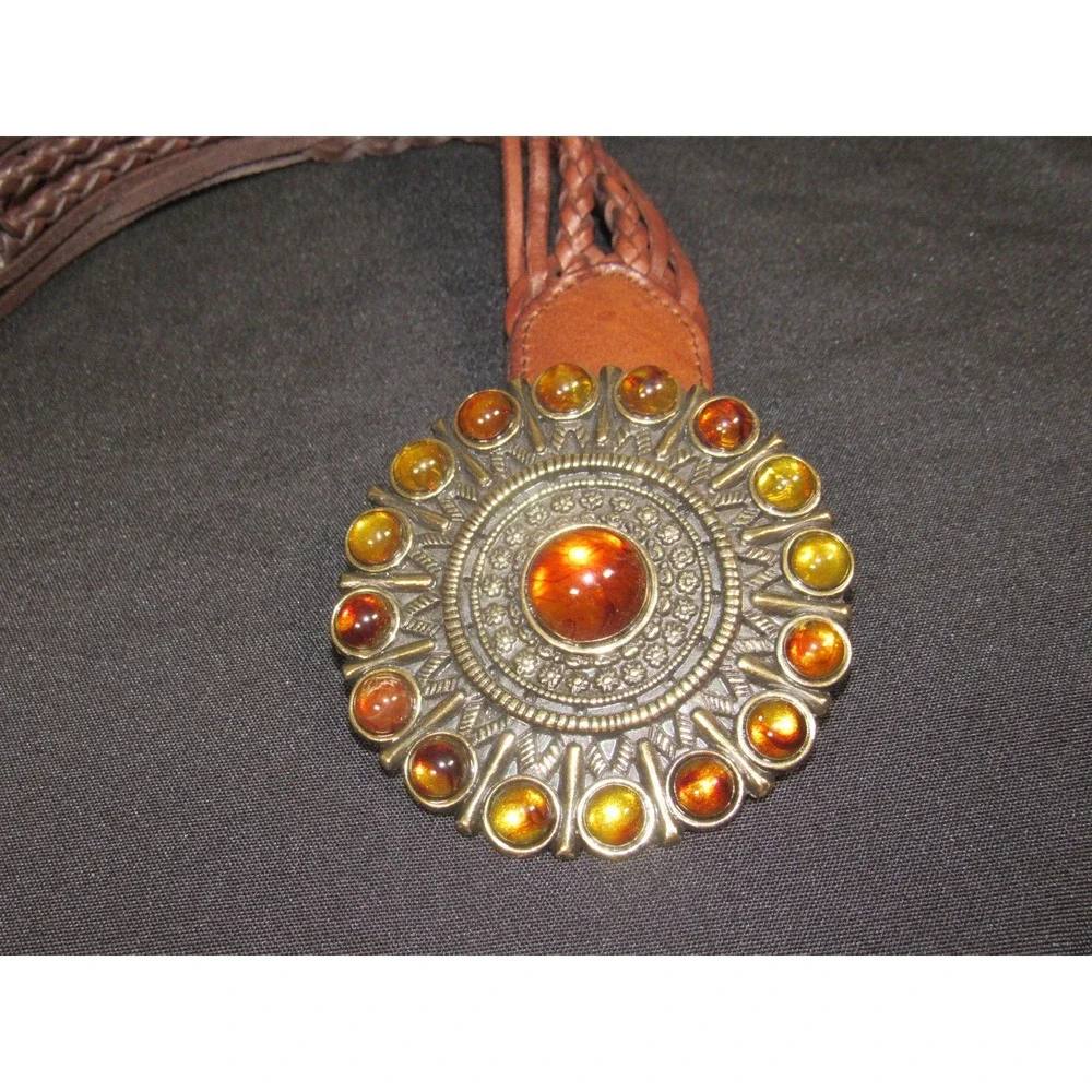 IOS Brown Woven Braided Leather Belt Amber Cabochon Medallion Buckle L/XL 68364